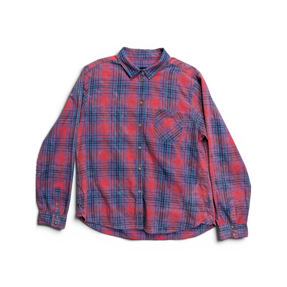 American Eagle Womens Boyfriend Shirt Large Plaid Button Front Red Purple Blue